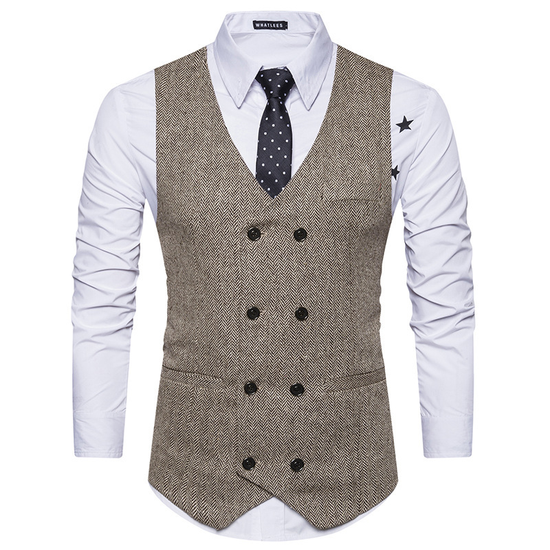 Autumn and Winter European and American Style New Men's Woolen Double Breasted Suit Vest Fashion Casual V-neck Vest for Men