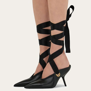 Sandalias de tacón alto personalizadas para mujer con cordones cruzados, punta puntiaguda, tacón de cuña alto, estilo mule, zapatos de vestir - Product Image 3