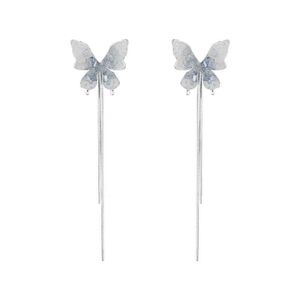 Boucles d'<span class=keywords><strong>oreilles</strong></span> pendantes longues en cristal de papillon en métal argenté de grande taille pour femmes, imitation perle, bijoux de manchette d'oreille - Product Image 6