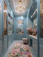 Système de dressing moderne bleu avec miroir en verre, armoire et coiffeuse sur mesure, mobilier de luxe pour manoir