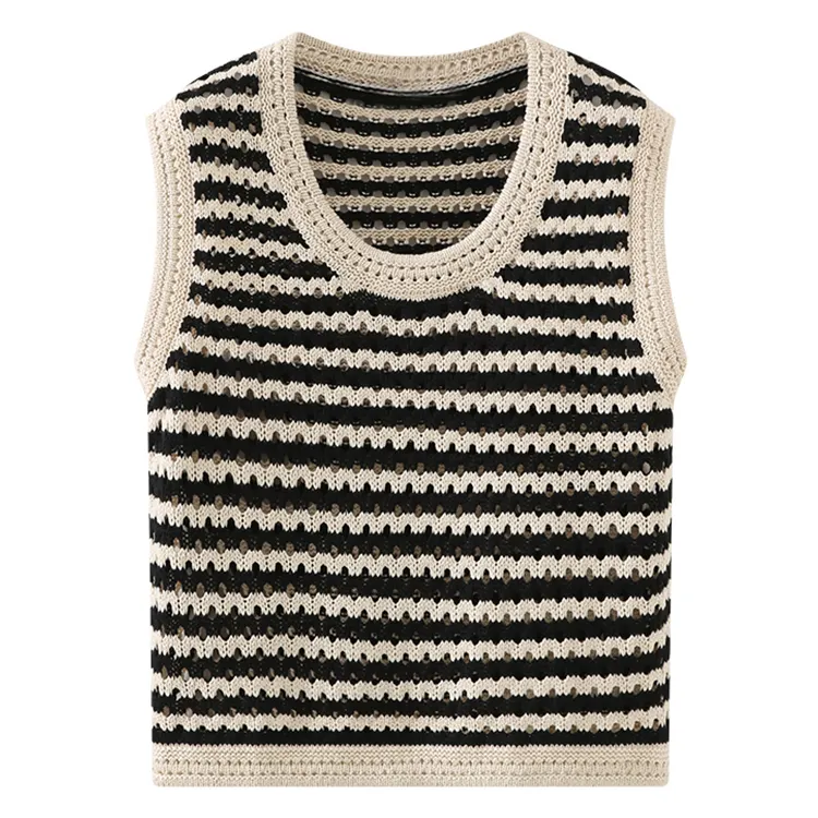 Summer ladies knitted sweater sleeveless vest knitted round neck top pure cotton small hollow design anti pilling support custom
