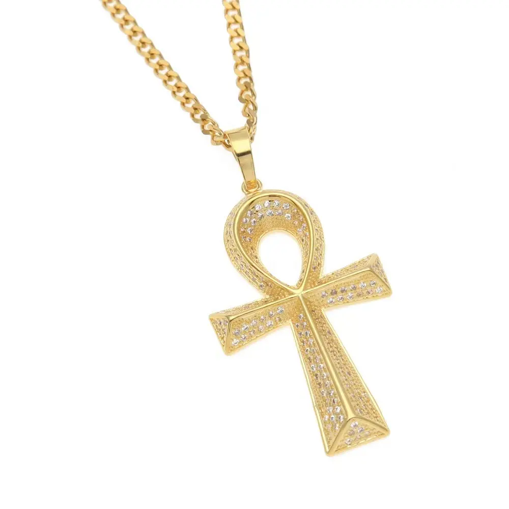 Zyo Christian Collier Jesus Ankh Gothic Cross Cubic Zirconia Jewelry Necklace Brass Plated 18K Gold Pendant Croix Necklaces