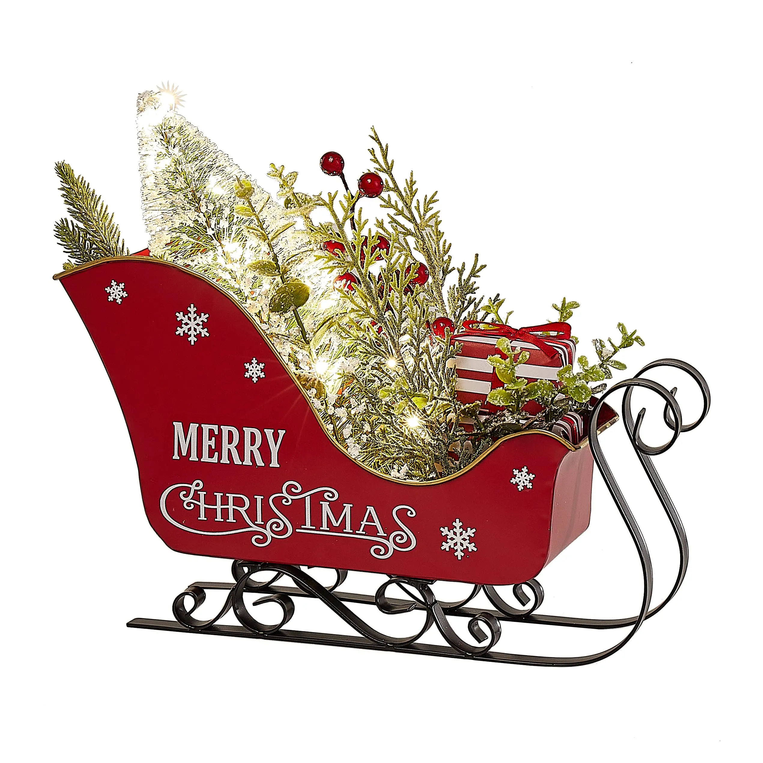 Splendida slitta natalizia in metallo slitta 12.5 "natale Santa slitta cestino da tavolo decorazione per la casa di natale con luci a LED