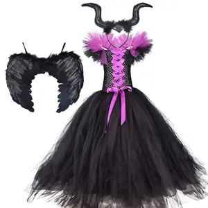 New Style Kids Movie Maleficent Cosplay Kleid mit Flügeln Maleficent Witch Halloween Kostüm für Mädchen