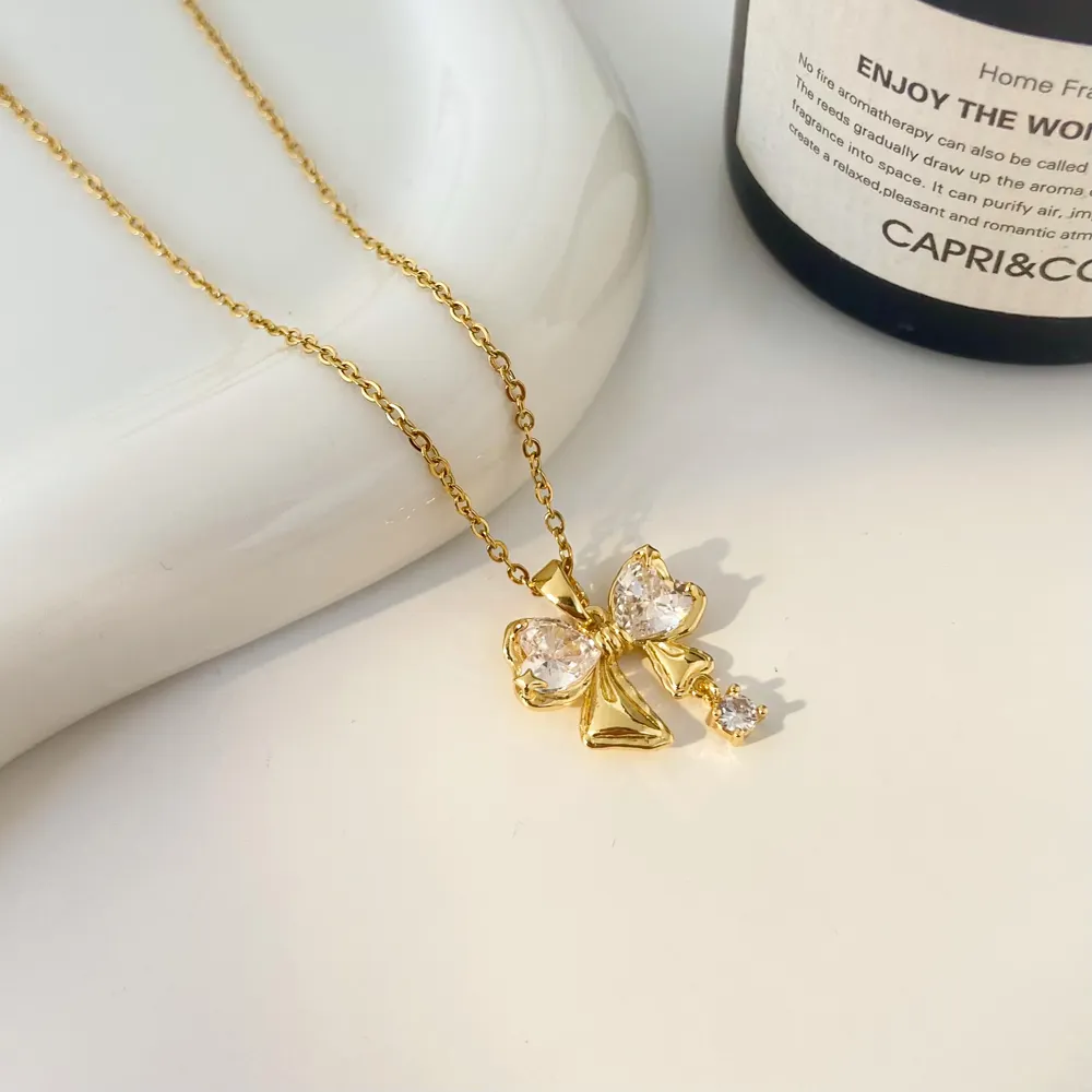 Tassel bow luxury pendant necklace joyas de acero inoxidable stainless steel gold-plated 18k necklace