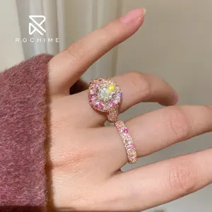 Rochime Luxe Roze Diamant Snoep Bloem Zirkoon Ringen 925 Zilver 2.5ct Mode Sieraden Ring Voor Vrouwen