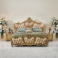 Lit double en bois massif de style européen en cuir véritable 1,8 m, design noble doré sculpté avec strass, fonction démontable, pour chambre à coucher