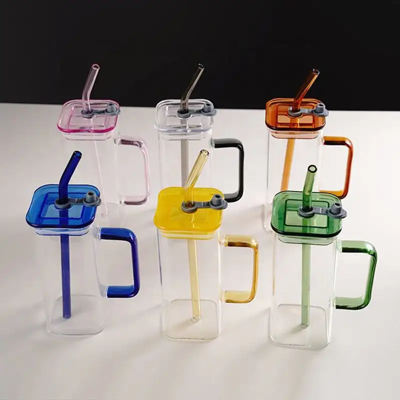 Poignée colorée verre avec couvercle paille tasse bureau Ins carré verre borosilicaté boisson lait thé tasse à boire