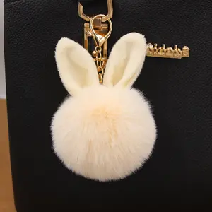 12 cm Rabbit Ears Fur Ball Bag Charms mit goldenem Schlüssel ring Pom Pom Schlüssel anhänger Fluffy Fur Ball Pompom Schlüssel anhänger für Rabbit Keyring