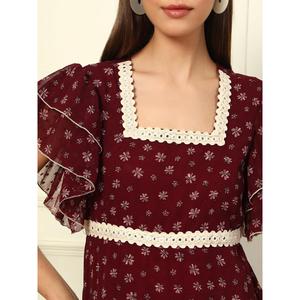 Floral Print Woven Georgette Tiered Casual <b>Dress</b> for Women's Square Neck Frilled Sleeves Fit & Flared Ankle Length Pockets - Product Image 6