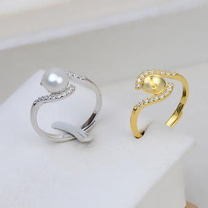S925 Silver Open <b>Ring</b> for Female Adjustable Finger Size 7-8 <b>Pearl</b> DIY Accessories with Empty Stand Tarnish-Free for Living Style - Product Image 1