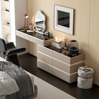 Table de maquillage minimaliste italienne en bois avec miroir, tiroirs intégrés et éclairage d'ambiance - Rangement de chevet pour chambre à coucher