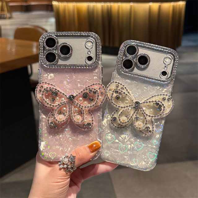 Bling Diamond Butterfly PC Mobile Phone case for iPhone 16 15 Pro Max Plus Tpu Glitter Lanyard Chain love Rope Lens Black Cover