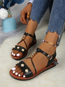 Sandalias planas bohemias con cuentas para mujer, zapatos de vacaciones de verano con correa en T y cadena de metal para el tobillo - Product Image 4