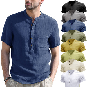 Multicolor Men Cotton Linen <strong>Shirt</strong> <strong>Short</strong> <strong>Sleeve</strong> <strong>Grandad</strong> <strong>Collar</strong> Casual Pocket Clothing Summer Top Sehe Fashion - Product Image 1