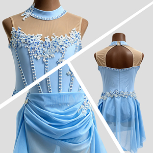 Costume de danse contemporaine bleu pour enfants, sans manches, en maille, dentelle, strass, jupe asymétrique, robe de scène pour filles - Product Image 2