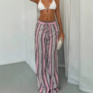 Nuovi <span class=keywords><strong>Pantaloni</strong></span> Estivi da Donna a Gamba Larga a Righe, <span class=keywords><strong>Classici</strong></span> e Casual, <span class=keywords><strong>con</strong></span> <span class=keywords><strong>Vita</strong></span> Elastica e Chiusura <span class=keywords><strong>con</strong></span> Coulisse, Colore a Contrasto - Product Image 3