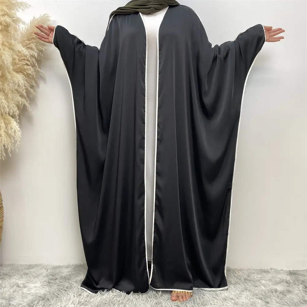 Ön saten Batwing kol açık Kimono arapça tarzı Dubai Eid ramazan müslüman uzun elbise türk Kaftan hırka Abaya beyaz çizgi ile