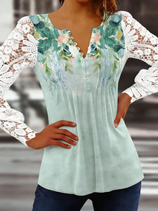 Blusa de Primavera/Otoño para Mujer Talla Grande, con Encaje, Mangas Largas, Cuello en V con Muescas, Botones al Frente, Estilo Túnica Plisada - Product Image 5