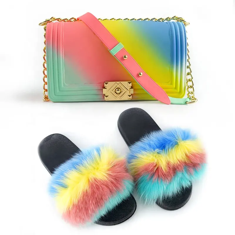 Factory wholesale 2024 new arrivals matching shoes and handbags for women purse and shoes jelly purses with fur slides