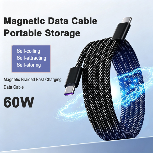 1M PD Fast Charging 60W USB Type C to Type C Braided Magnetic Self Winding Data Cable for IOS Mobile Phones