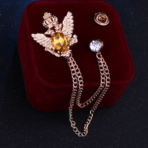 Broche vintage Couronne Aigle en cristal noir, clou d'oreille en strass, épingle de revers à double chaîne à pampilles, accessoire pour costume homme et gentleman - Product Image 2