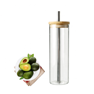 Bouteille en verre de 700 ml. Bouteille d'eau en verre avec mike / thé / café à large bouche avec plateau en bambou et paille ré - Product Image 5