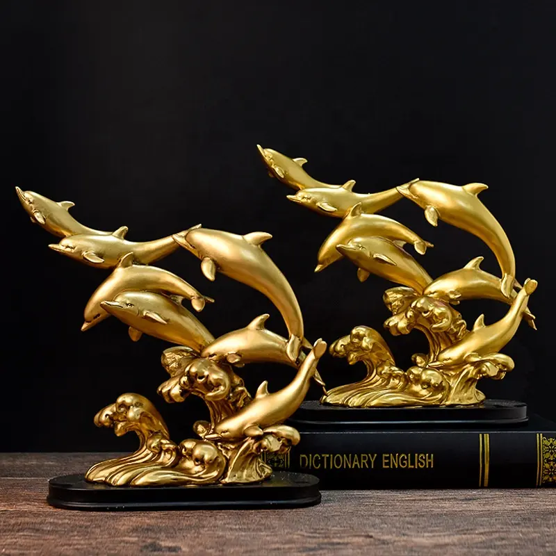modern design golden handicraft ornaments desktop table large dolphin polyresin statue home decor dolphins