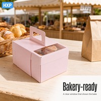 Boîte à pâtisserie rose personnalisée avec fenêtre transparente et poignée de transport, emballage pour boulangerie
