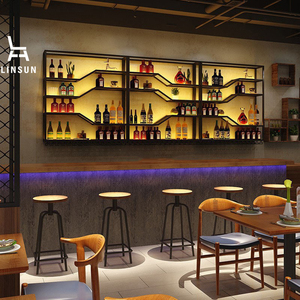 رف نبيذ مضيء بتصميم صناعي من الحديد الفني، تخزين زخرفي لطاولات البار للمطاعم والحانات، أثاث بار مثبت على الحائط - Product Image 1