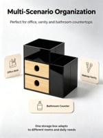 Boîte de rangement de bureau en acrylique noir avec tiroirs en bambou, porte-stylos latéral, organisateur multi-compartiments pour le bureau, le maquillage et la salle de bain