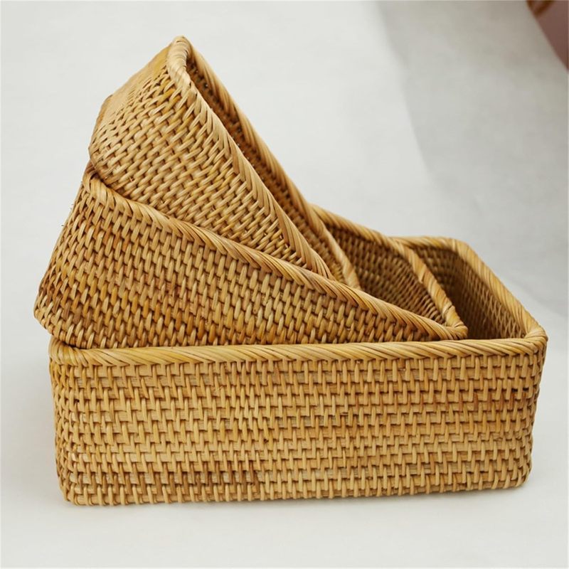 Rectangular Rattan Storage Baskets Handmade Woven