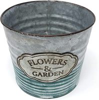 Pot Bunga Logam Galvanis Vintage dengan Label Timbul "BUNGA & TAMAN" Warna Hijau Tua, Pot Besi untuk Rumah Gaya Farmhouse