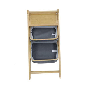 Creative bamboo bathroom storage rack, floor-standing <b>foldable</b> bamboo ring with cloth bag rack, towel and laundry <b>basket</b> - Product Image 3