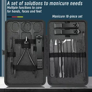 Set manikur profesional, baja tahan karat 18 buah set gunting pemangkas Kit perawatan dengan kotak perjalanan mewah