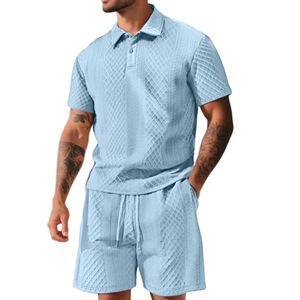 ชุดโปโลแจ็คการ์ดฤดูร้อนสำหรับผู้ชายแบบครอสบอร์เดอร์ แขนสั้นบางเบา สวมใส่สบายๆ สำหรับเล่นกีฬา สีฟ้าอ่อน ผ้าโพลีเอสเตอร์ - Product Image 1