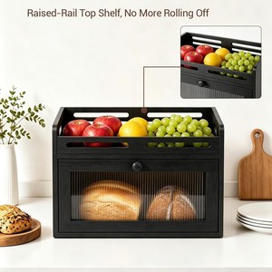 Bread Storage Box Double Layer Wooden With Lid Fruit Rack <b>Kitchen</b> Countertop Organizer Solid Wood Rectangle Design - Product Image 4