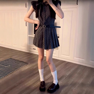 Petite Women Grey Polka Dot Dress Fitted Waist A Line Pleated Skirt Tie Neck Summer Casual Dress Daily Wear - Product Image 4