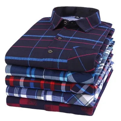 Fall Leisure Business Turn-down Collar Stripe Tops Printed Plaid Oversized Long Sleeve Mens Wear Dress Shirt with Pocket