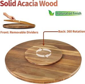 Plateau de service en <span class=keywords><strong>bois</strong></span> d'acacia extra large, <span class=keywords><strong>planche</strong></span> à charcuterie avec séparateurs amovibles pour le service des aliments, 360 °   Plateaux ronds rotatifs - Product Image 2