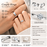 Bagues de couple assorties pour lui et pour elle, en argent 925, moissanite couleur D VVS1, carrée à six griffes, anti-ternissement, bague de promesse, cadeau, bijoux