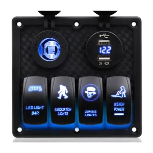 Painel de interruptores automotivo 12V, painel de interruptores marinhos com tomada de energia, 4 gangues