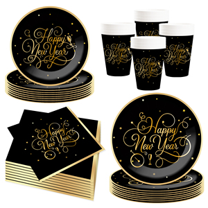 DAMAI New Years Eve Party Supplies Happy New Year Tableware Set <b>Disposable</b> Paper Plates Paper Cup Napkins and Wooden Cutlery - Product Image 3