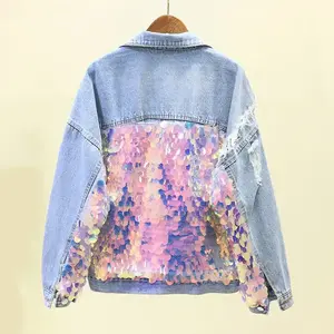 Tùy Chỉnh Thời Trang Thiết Kế Độc Đáo Sequin Patches Denim Jacket Quần Áo Rửa Sequin Denim Jacket Phụ Nữ Sản Xuất Tại Trung Quốc