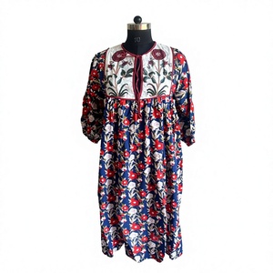 Vestido Midi Boho Estilo Anarkali con Estampado Floral y Bordado en el Pecho, Corte en A, Ajuste Relajado, Color Azul Marino, Estampado Étnico, Algodón - Product Image 2