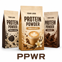Sachet d'emballage personnalisé pour poudre protéinée PPWR avec votre logo, aspect kraft, fond plat, pour produits naturels et suppléments