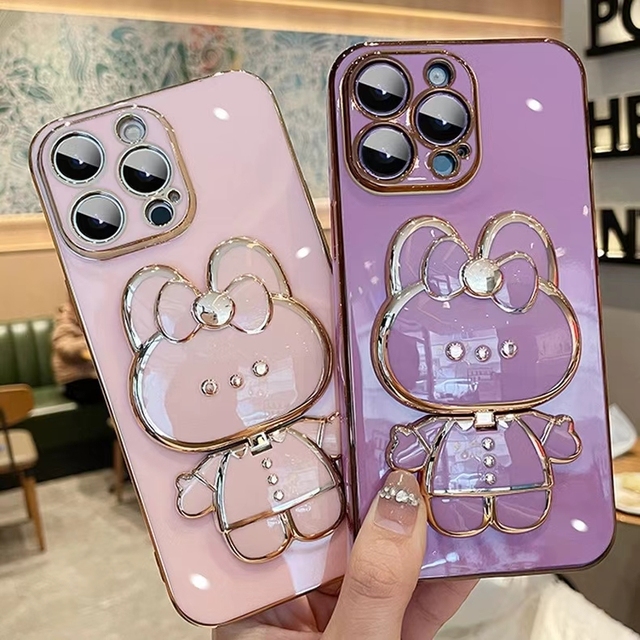 Girls Women Cute TPU Rabbit Phone Cover Mirror Make up Phone Case for iPhone 17 16 15 14 13 12 17 Pro 7 8 Plus X XR XS Max