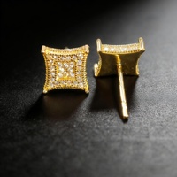 Boucles d'oreilles clous carrées en argent 925 plaqué or 18 carats, entièrement serties de moissanite, testées au diamant, style hip-hop, bijoux fins