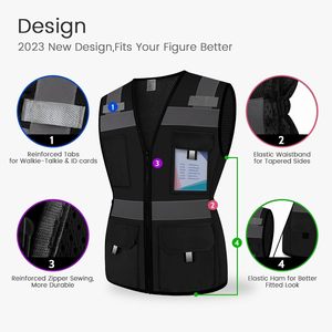 Gilet di Sicurezza Femminile Personalizzabile ad Alta Visibilità, Nero Classe 2, Regolabile, Multi-Tasca per Edilizia e Ingegneria - Product Image 3