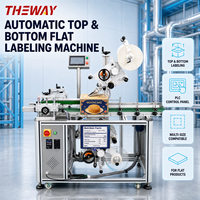 Máquina automática de etiquetado de superficies planas superior e inferior con doble cabezal de etiquetado para aplicación de pegatinas en cajas de alimentos y cajas de galletas.